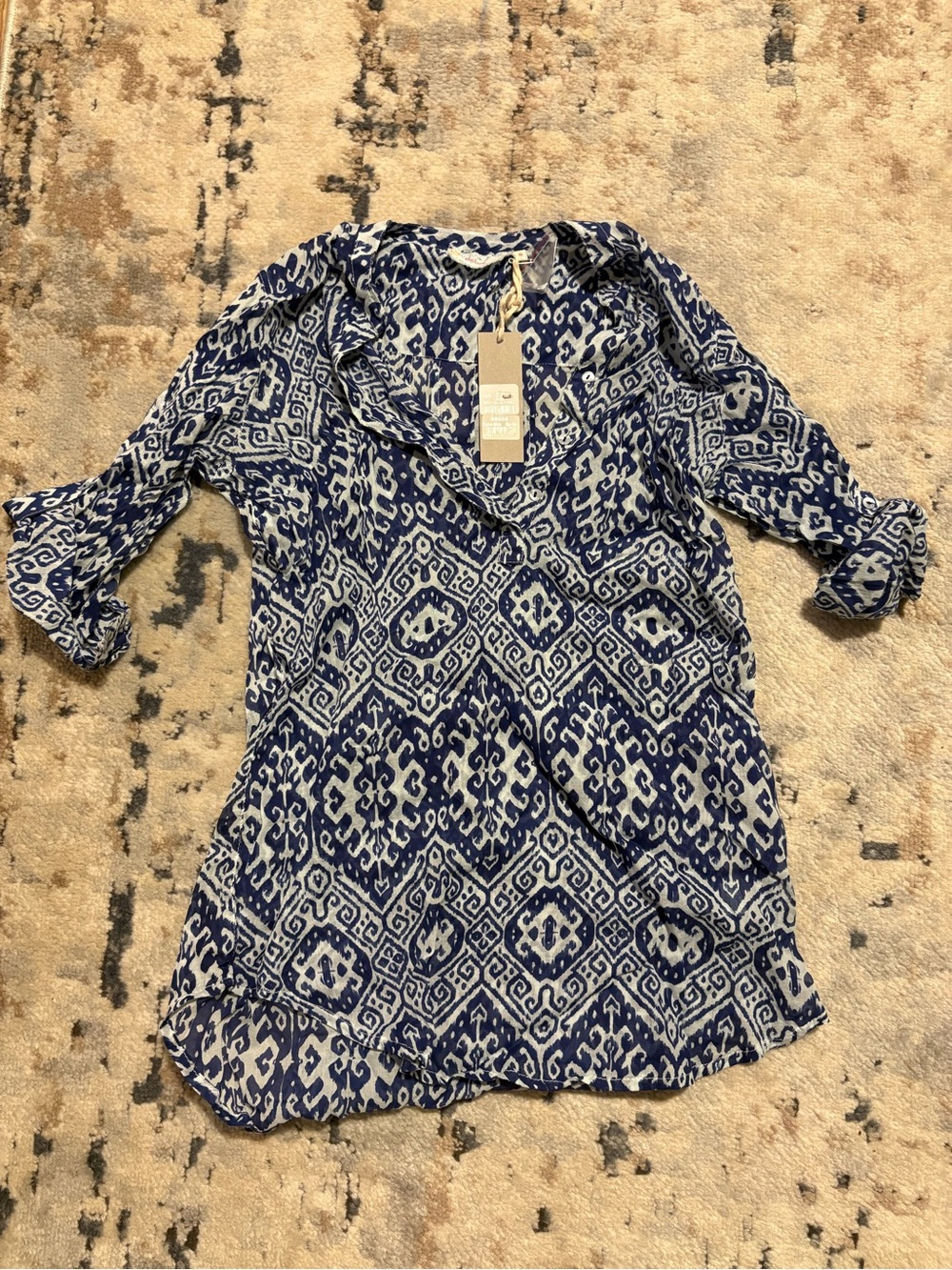 Blue & White Printed V-Neck Women's Tunic Top